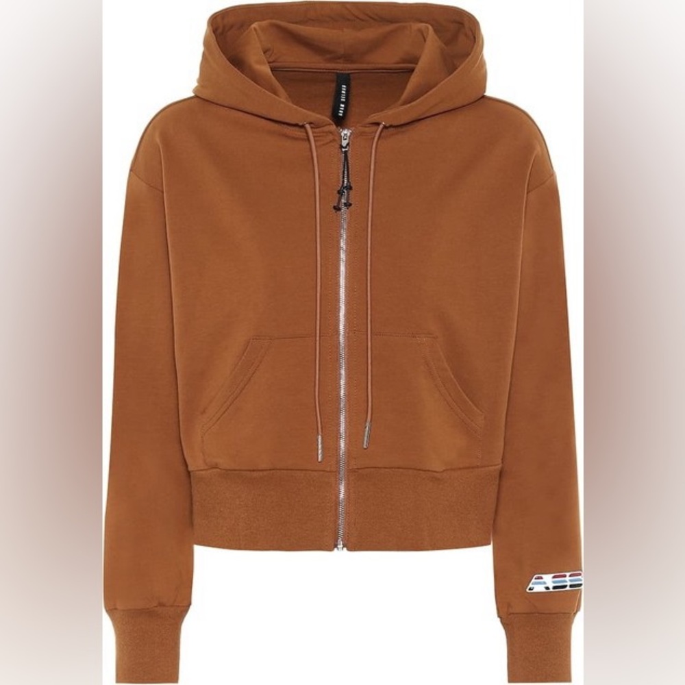 Adam Selman Sport Shrunken Zip Up Hoodie, Cinnamon, Cotton Cropped Stretch, S